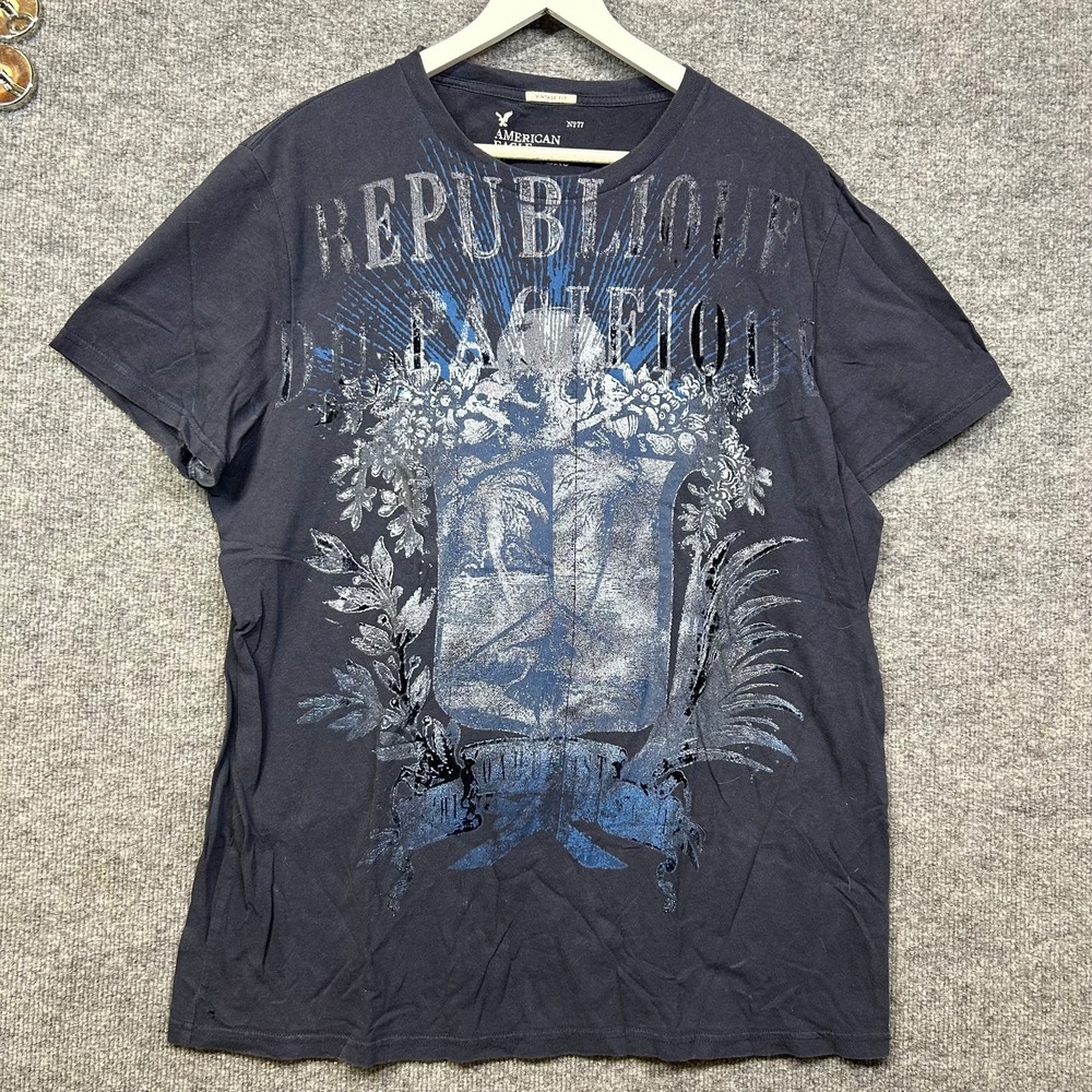 American Eagle Vintage Fit T-Shirt Men's Blue Republique Graphic Tee - XL